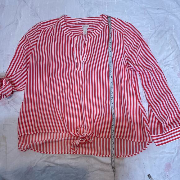 Chicos Blouse Womens Size 2 Large Tie Front Roll Tab Vee Neck Coral White Stripe - Picture 6 of 16